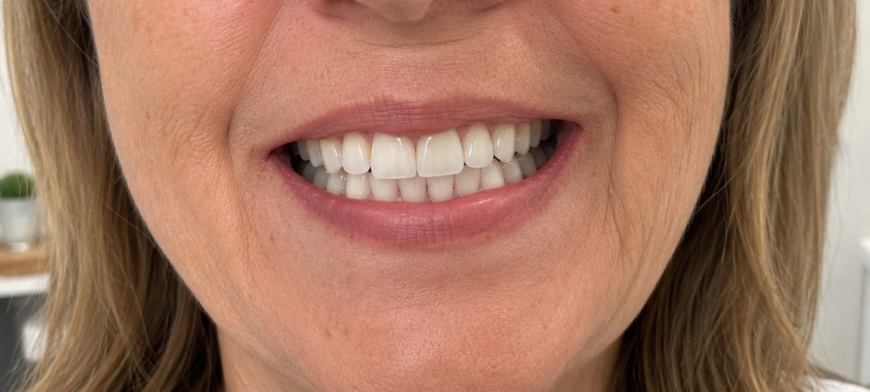 The same guest's smile photographed after their Bright Now whitening visit
