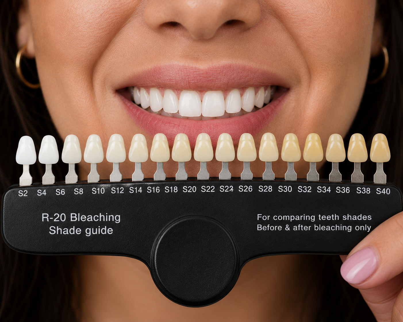 Bright Now teeth whitening shade guide held up beside a guest's smile to compare tooth shades