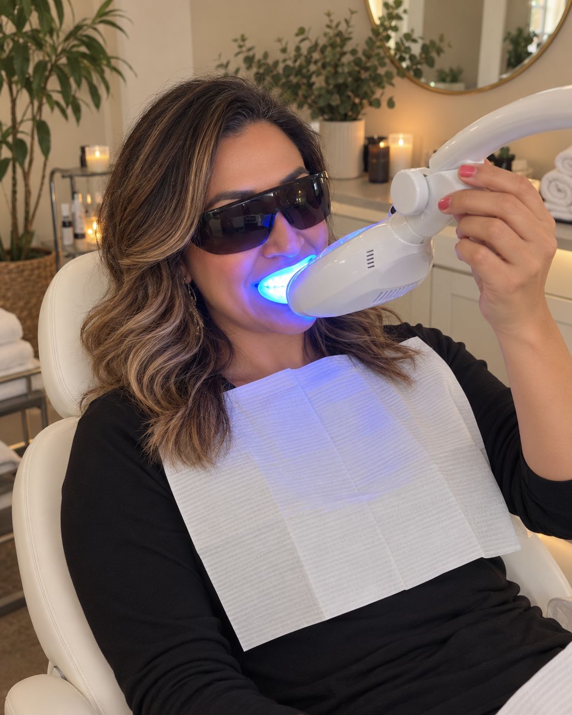 Bright Now guest in protective eyewear adjusting the whitening light during her Prescott, AZ teeth whitening session