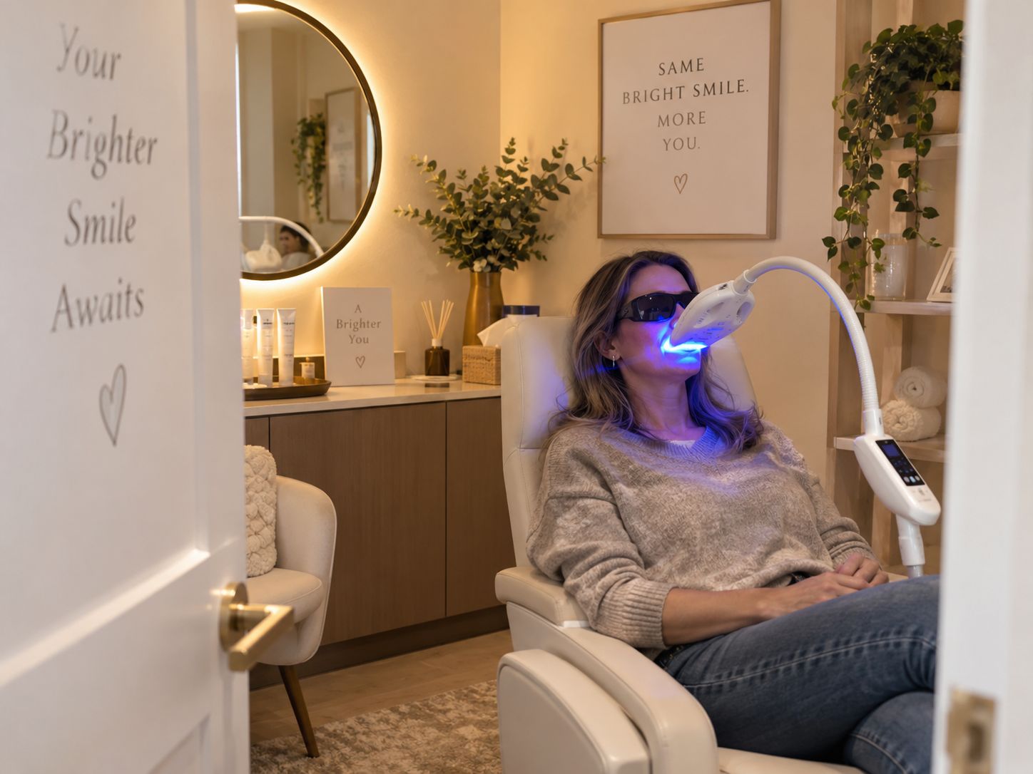 Bright Now whitening room in Prescott, AZ with a reclining chair, whitening light, and a guest settling in for her teeth whitening session